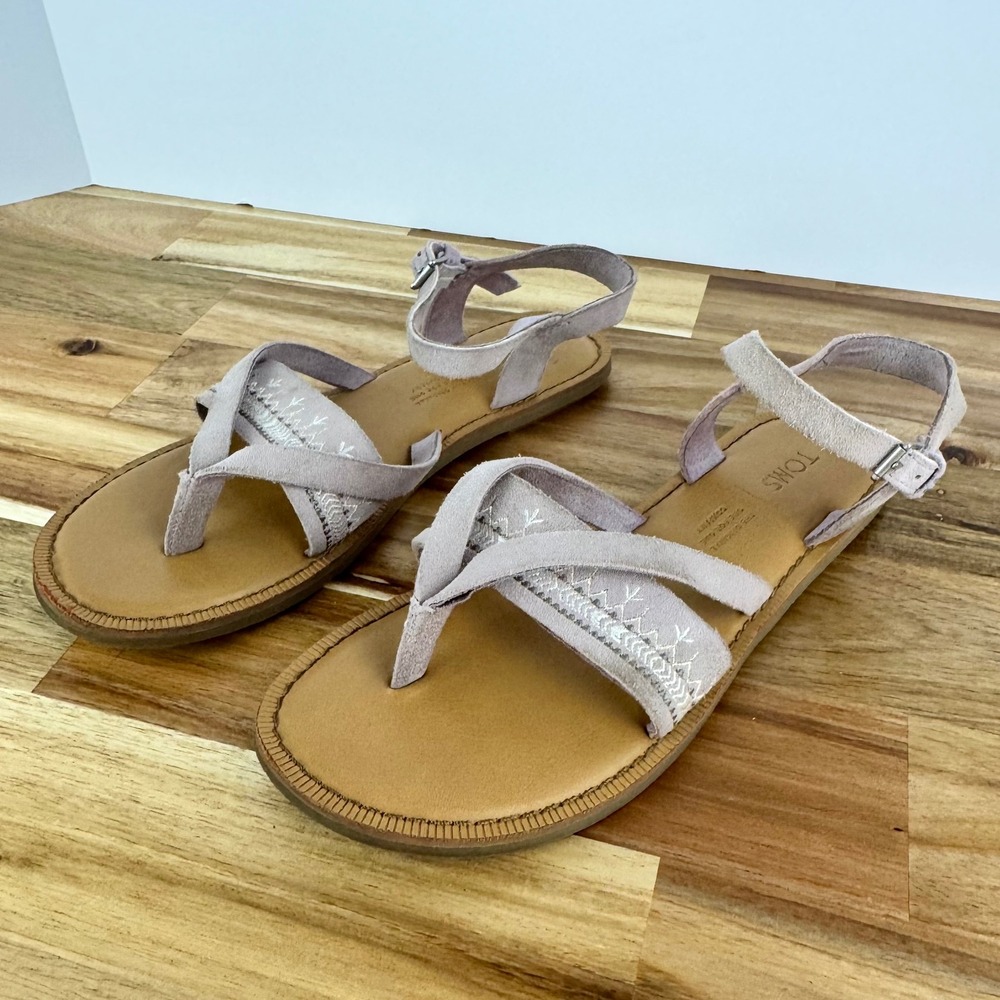 TOMS Women's Lilac Suede Thong Strap Embroidered Detail Adjustable‎ Sandals 5.5